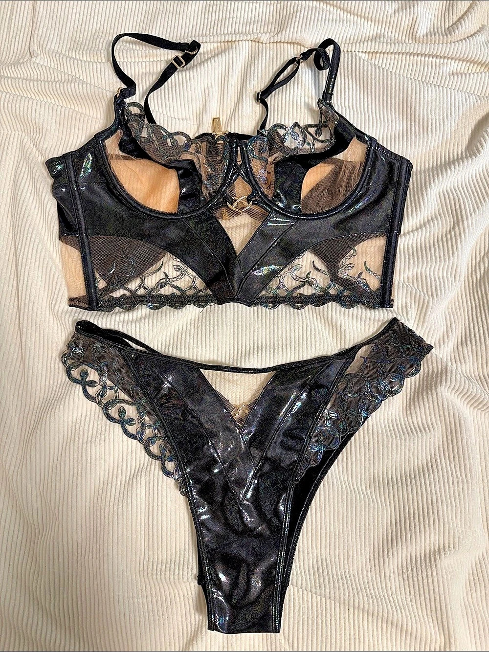 Honey Birdette Black Lace Patent-Look Set Medium 38C